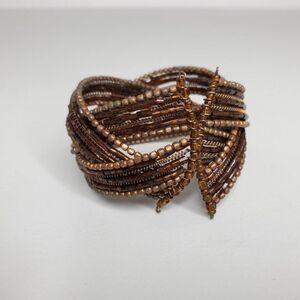 Beaded Bracelet Cuff Brown Copper‎ Braid Weave Wire